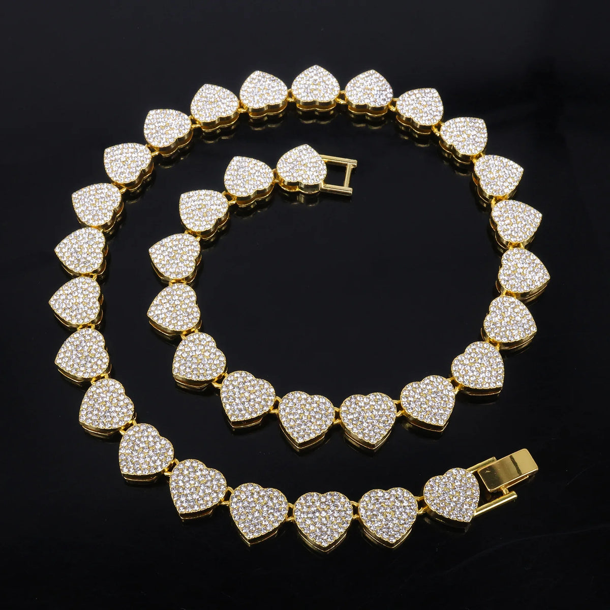 Hip Hop Tennis Chain & Bracelet Set – Shiny Rhinestone CZ Heart Jewelry