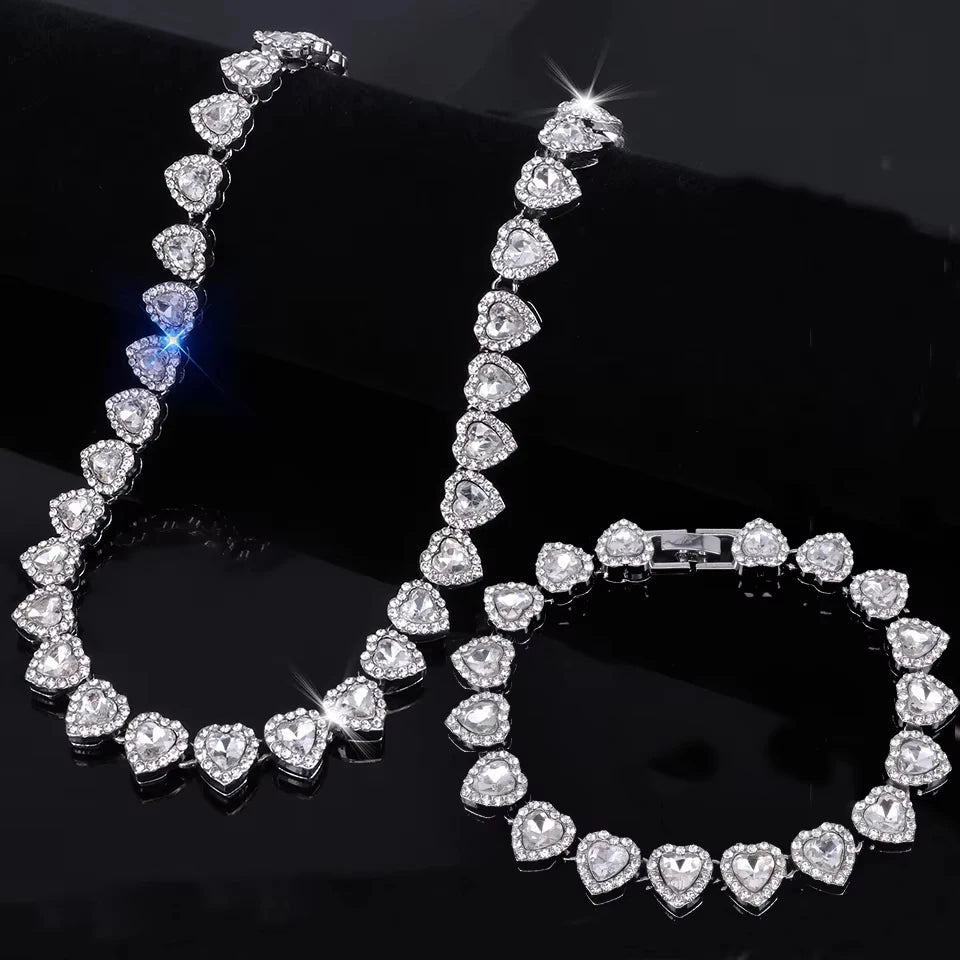 Hip Hop Tennis Chain & Bracelet Set – Shiny Rhinestone CZ Heart Jewelry