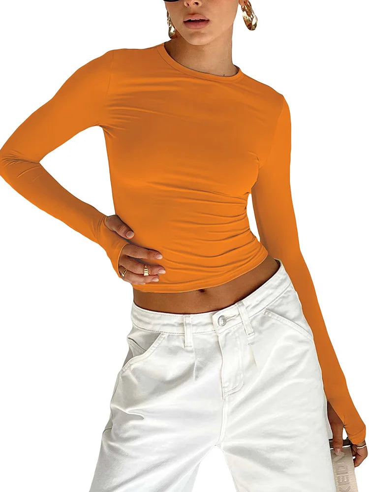 Women's Long Sleeve Crop Top – Slim Fit Streetwear with Thumb Holes