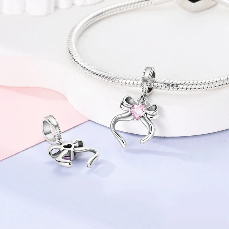 925 Sterling Silver Pink Heart Bow Charm – S925 Bangle Bracelet Bead