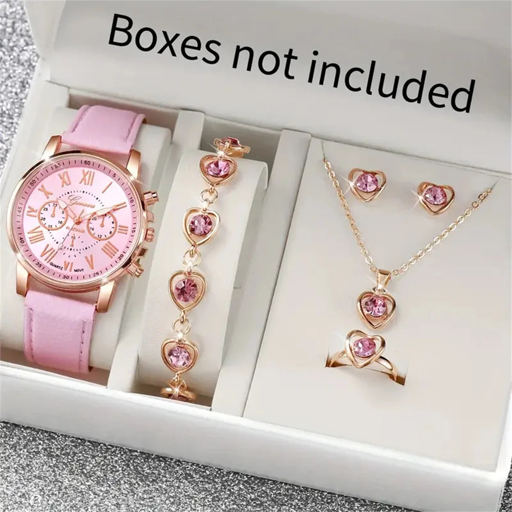 6PCS Women's Quartz Watch & Jewelry Set – Heart Rhinestone Leather Band