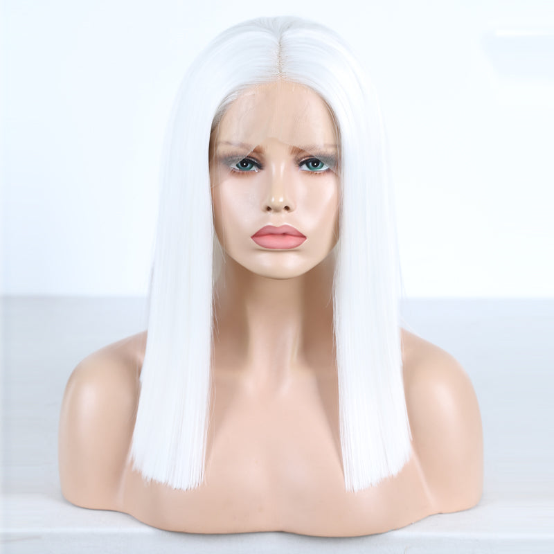 White Straight Bob Wig – T Lace Part Synthetic Hair with Baby Hair