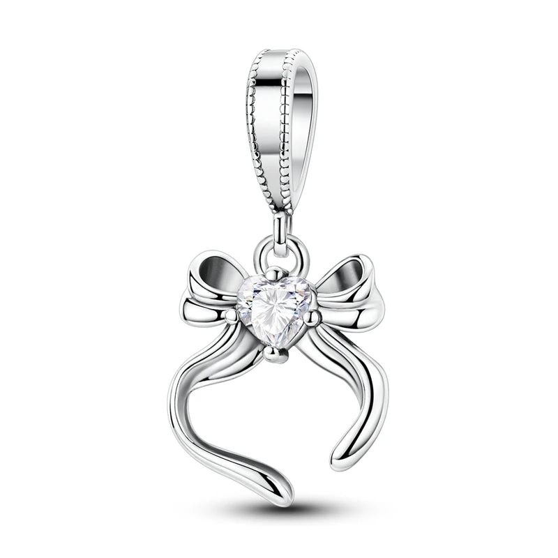 925 Sterling Silver Pink Heart Bow Charm – S925 Bangle Bracelet Bead