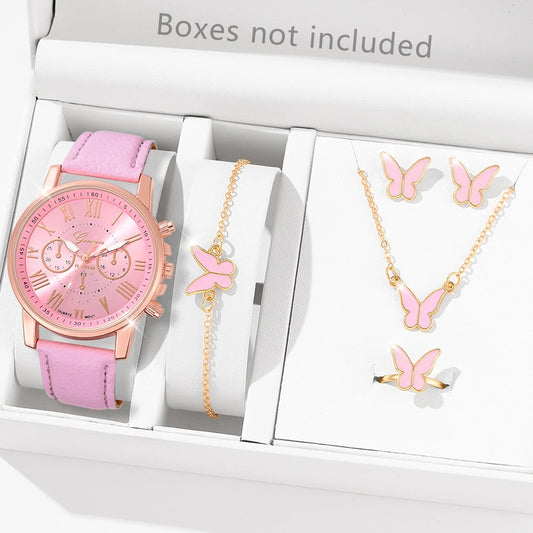 5/6PCS Fashion Women's Quartz Watch Leather Band Analog Wrist Watches Heart Rhinestone Jewelry Set(Without Box)