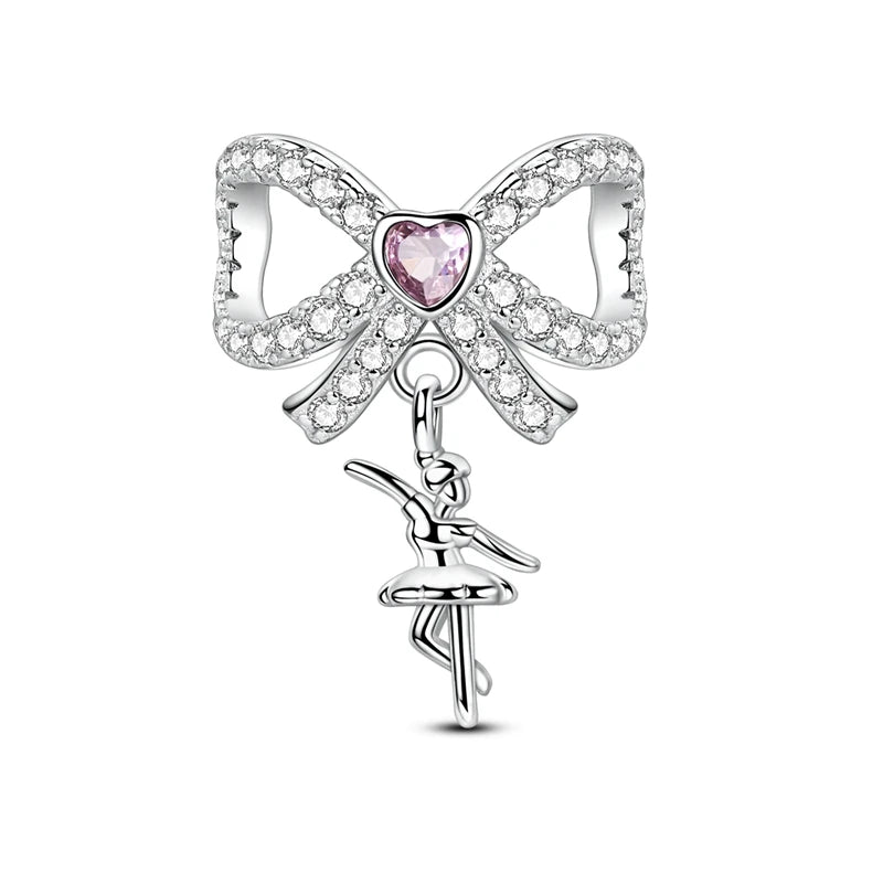 925 Sterling Silver Pink Heart Bow Charm – S925 Bangle Bracelet Bead