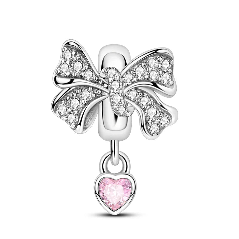 925 Sterling Silver Pink Heart Bow Charm – S925 Bangle Bracelet Bead