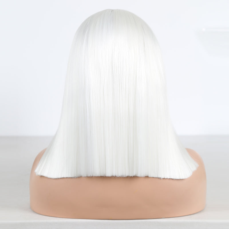 White Straight Bob Wig – T Lace Part Synthetic Hair with Baby Hair