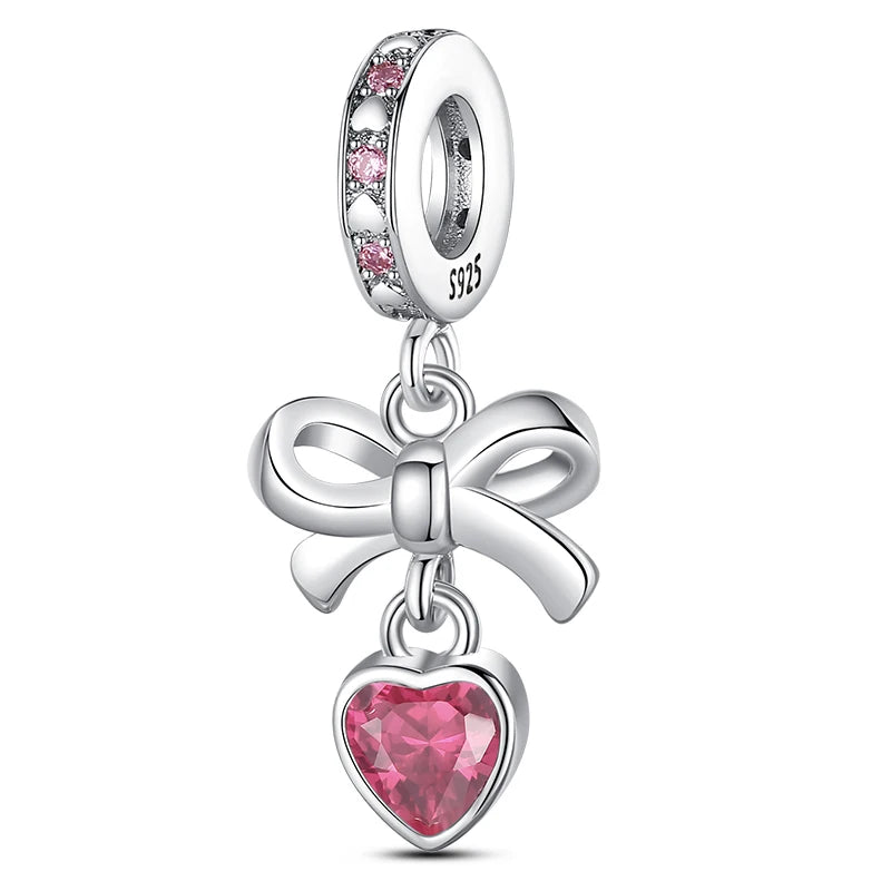 925 Sterling Silver Pink Heart Bow Charm – S925 Bangle Bracelet Bead
