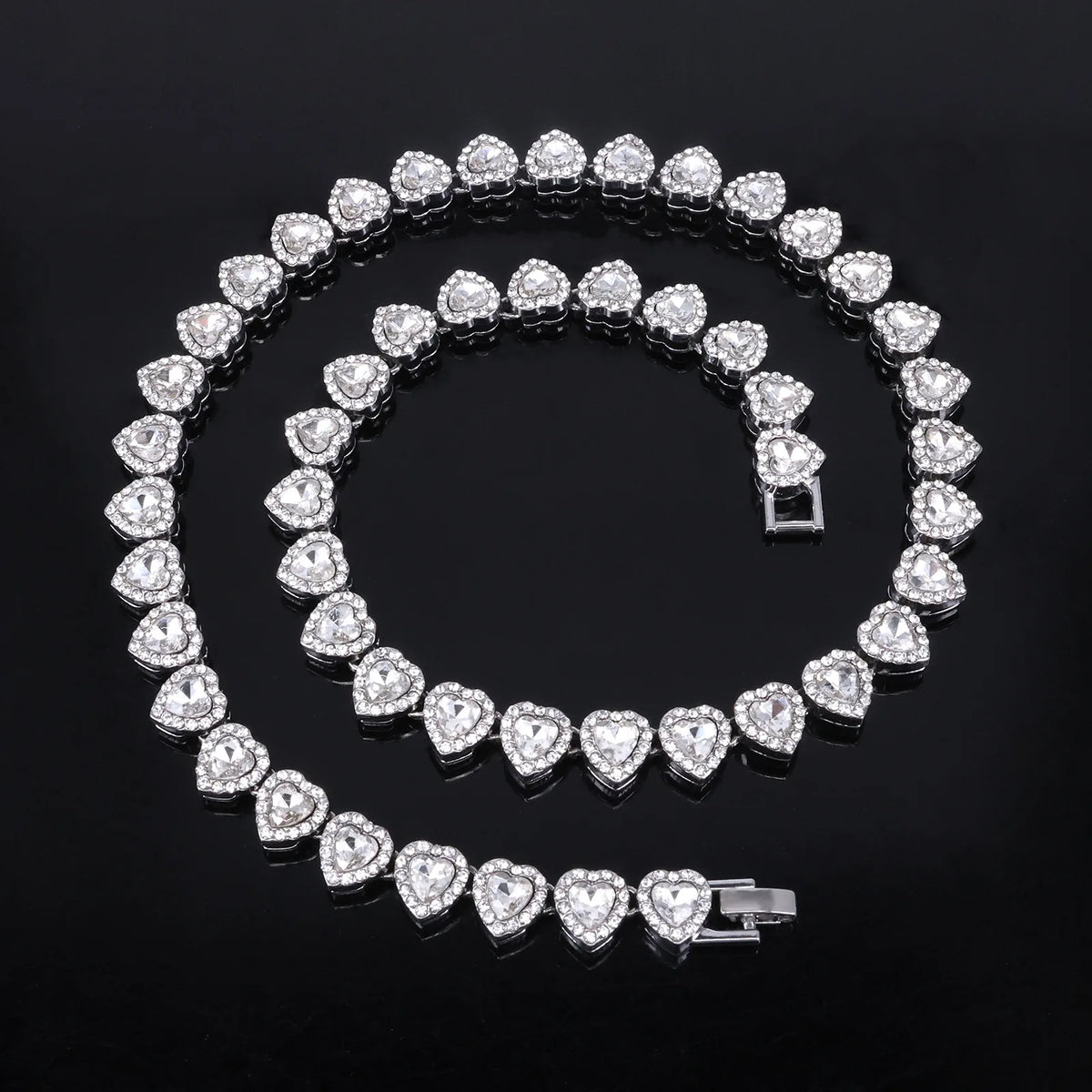 Hip Hop Tennis Chain & Bracelet Set – Shiny Rhinestone CZ Heart Jewelry