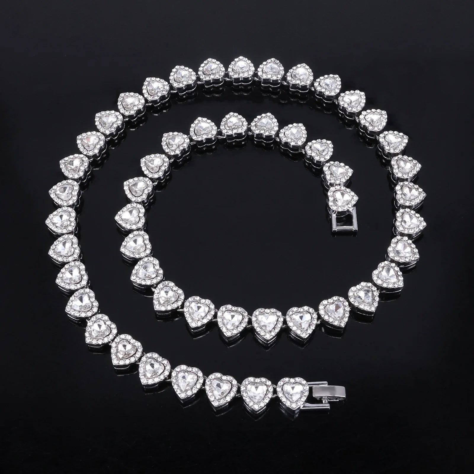 Hip Hop Tennis Chain & Bracelet Set – Shiny Rhinestone CZ Heart Jewelry