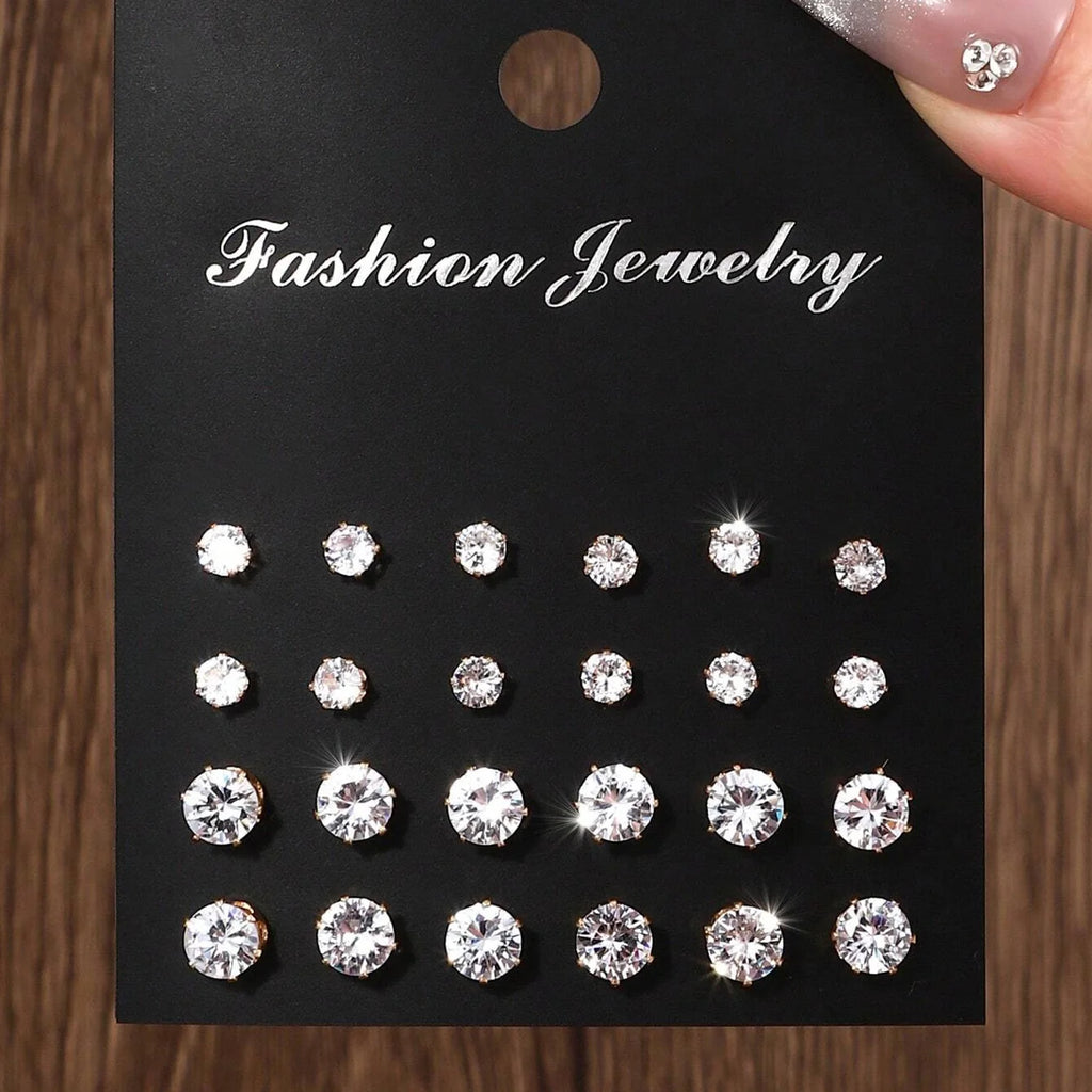 12 Pairs Zirconia Stud Earrings Set – Luxurious Shiny Gift for Women