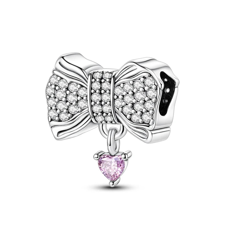 925 Sterling Silver Pink Heart Bow Charm – S925 Bangle Bracelet Bead