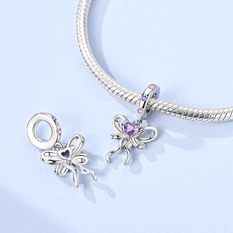 925 Sterling Silver Pink Heart Bow Charm – S925 Bangle Bracelet Bead
