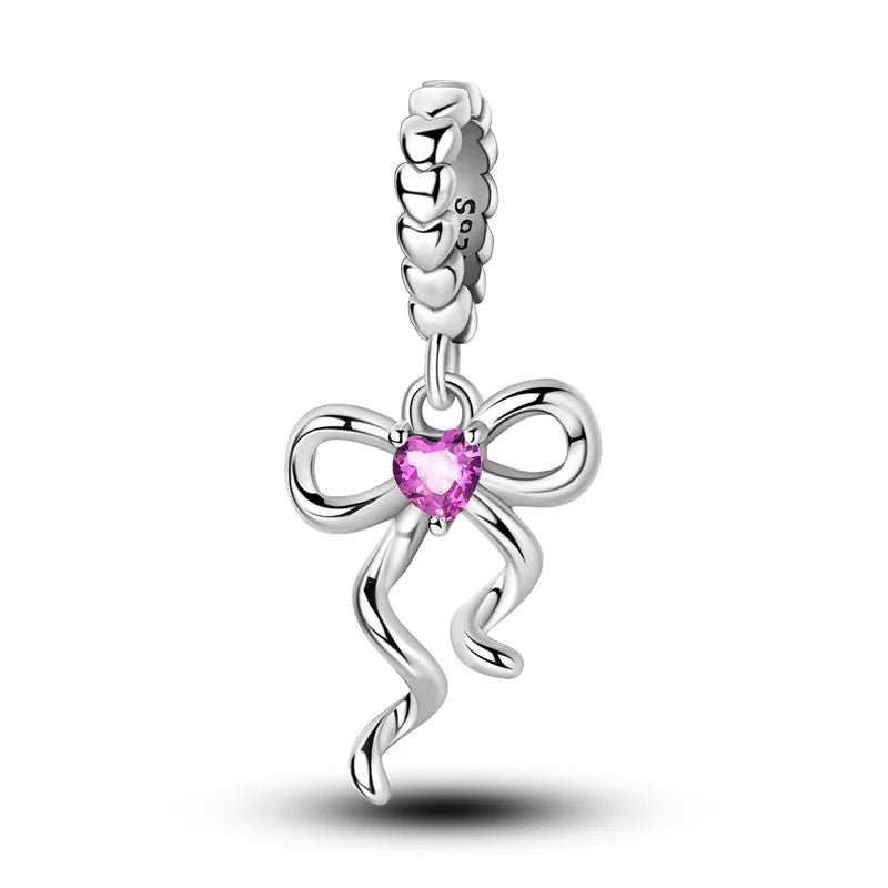 925 Sterling Silver Pink Heart Bow Charm – S925 Bangle Bracelet Bead
