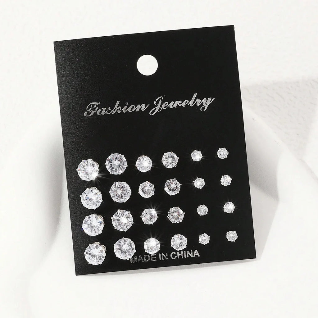 12 Pairs Zirconia Stud Earrings Set – Luxurious Shiny Gift for Women