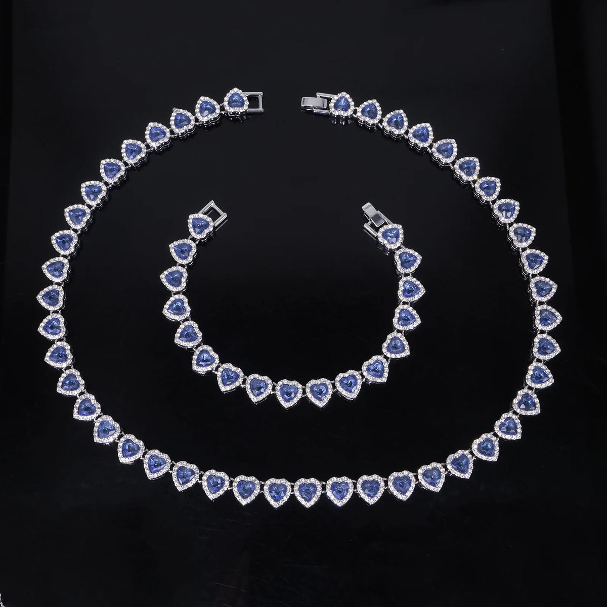Hip Hop Tennis Chain & Bracelet Set – Shiny Rhinestone CZ Heart Jewelry