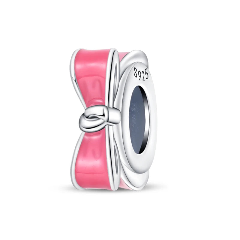 925 Sterling Silver Pink Heart Bow Charm – S925 Bangle Bracelet Bead
