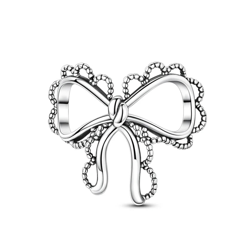 925 Sterling Silver Pink Heart Bow Charm – S925 Bangle Bracelet Bead