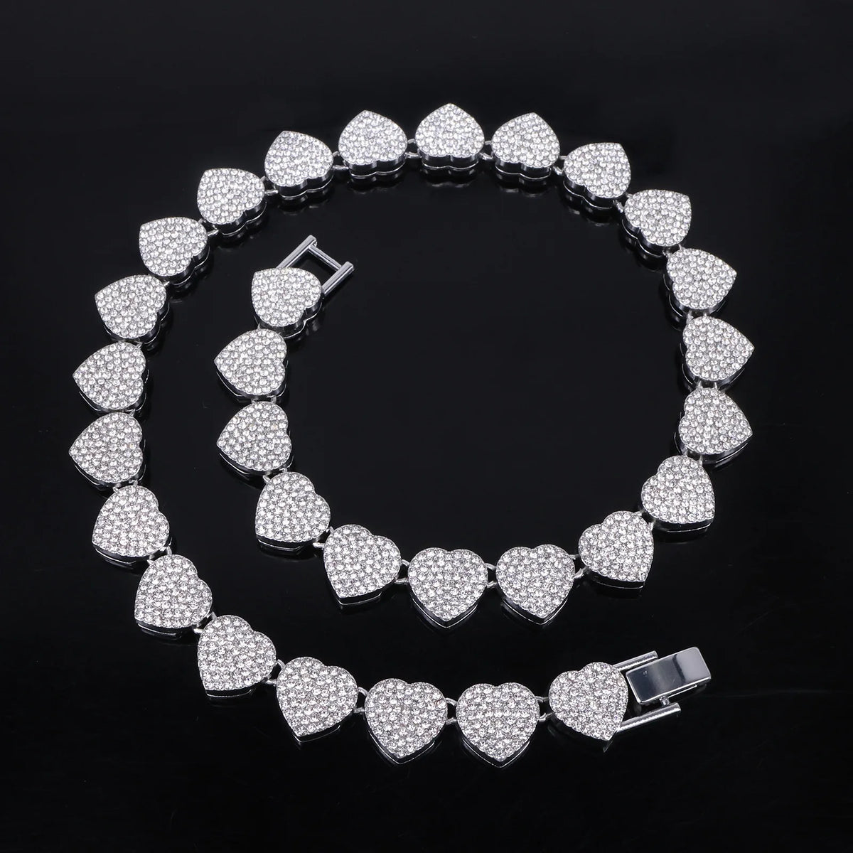 Hip Hop Tennis Chain & Bracelet Set – Shiny Rhinestone CZ Heart Jewelry