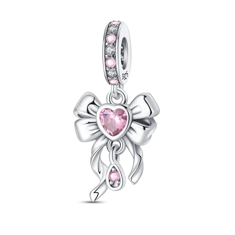 925 Sterling Silver Pink Heart Bow Charm – S925 Bangle Bracelet Bead