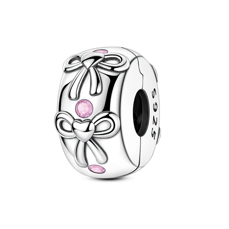 925 Sterling Silver Pink Heart Bow Charm – S925 Bangle Bracelet Bead