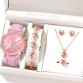 6PCS Women's Quartz Watch & Jewelry Set – Heart Rhinestone Leather Band