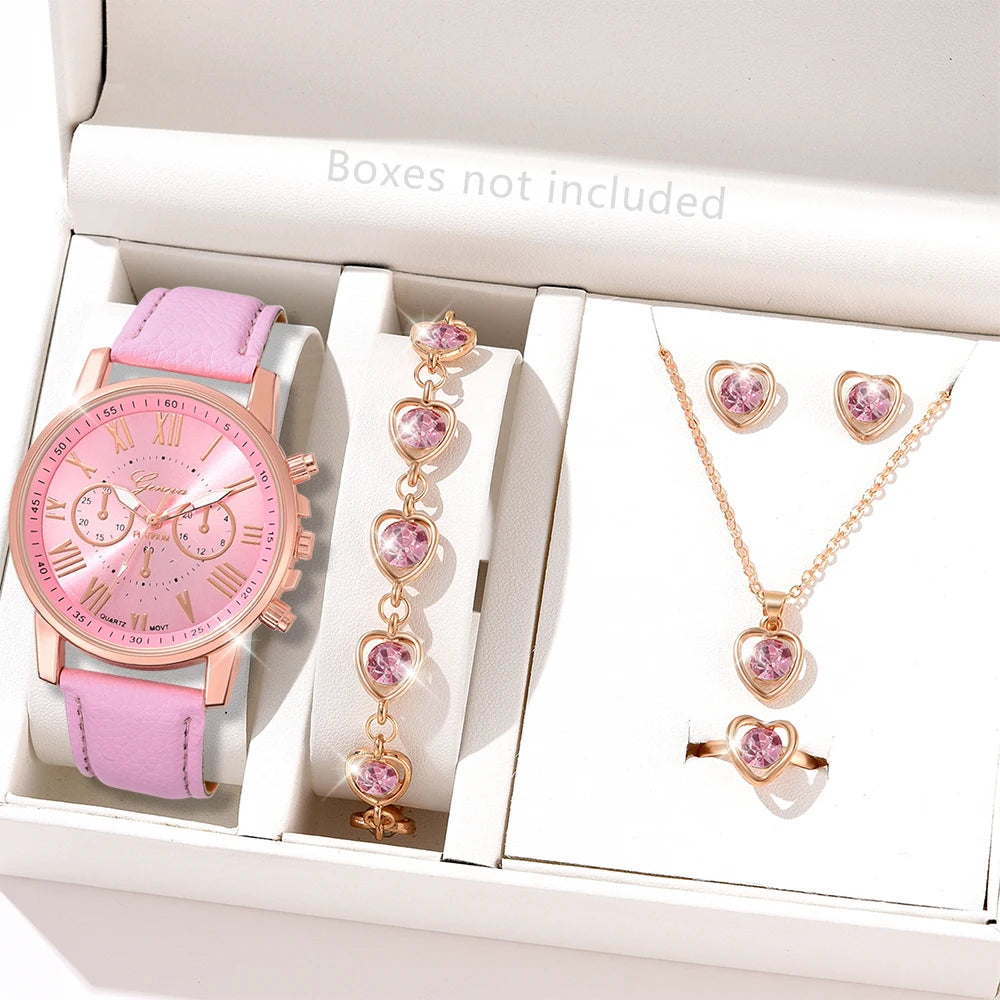 6PCS Women's Quartz Watch & Jewelry Set – Heart Rhinestone Leather Band