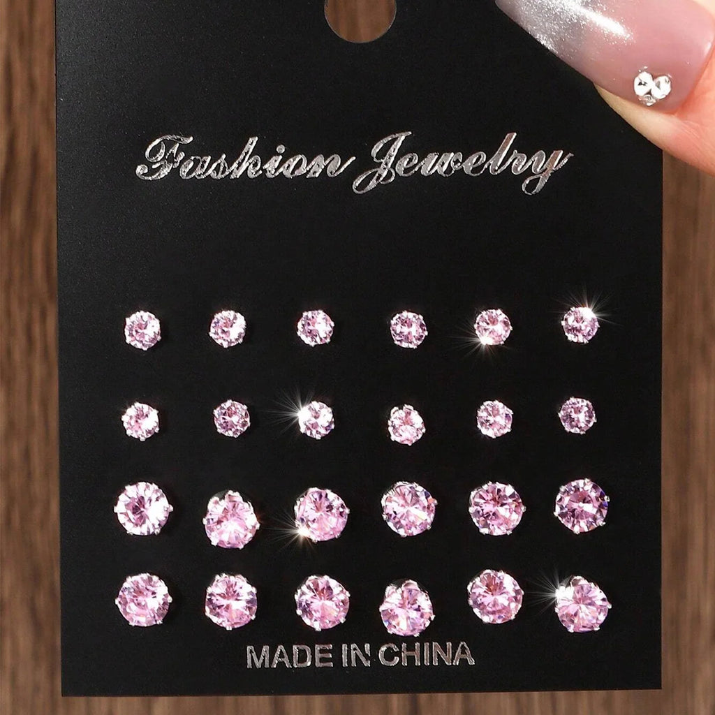 12 Pairs Zirconia Stud Earrings Set – Luxurious Shiny Gift for Women