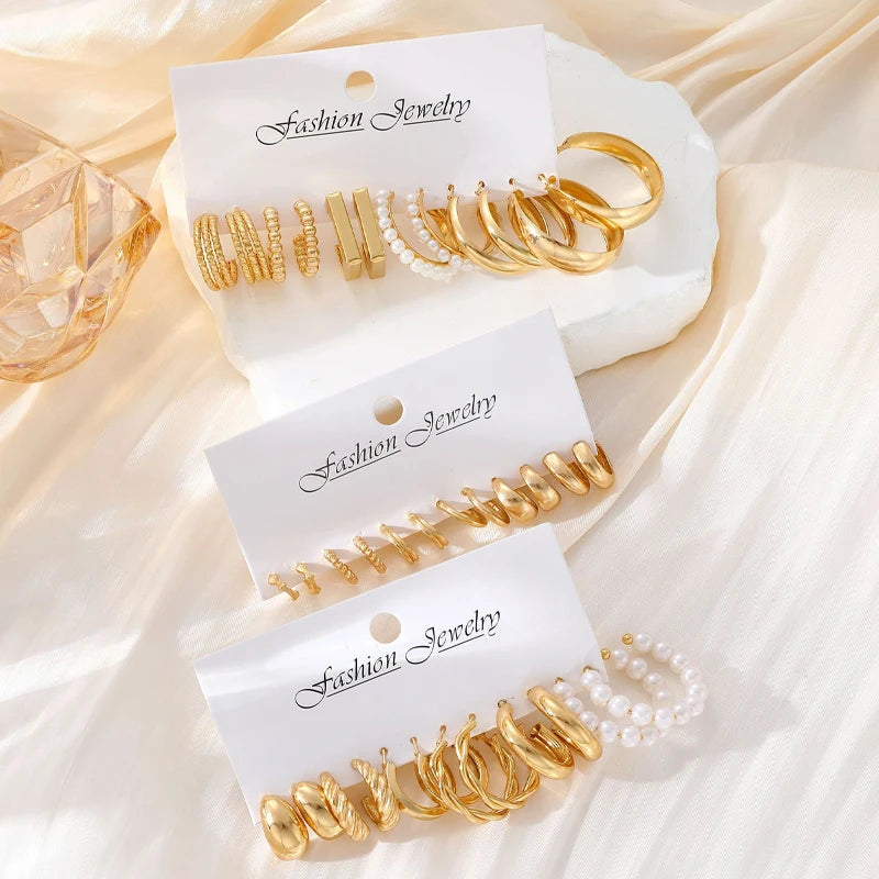 Geometric Hoop Earrings Set – Vintage Bohemian Pearl Gold Earrings for Women