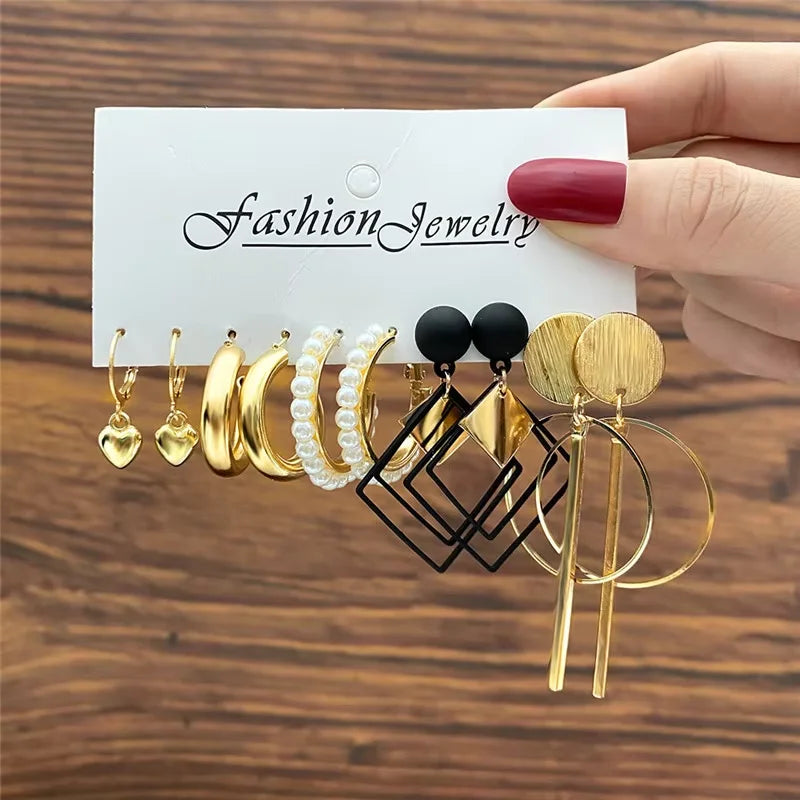 Geometric Hoop Earrings Set – Vintage Bohemian Pearl Gold Earrings for Women