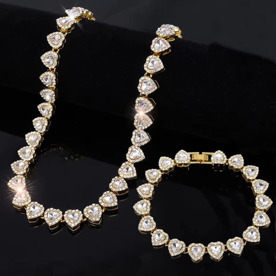 Hip Hop Tennis Chain & Bracelet Set – Shiny Rhinestone CZ Heart Jewelry