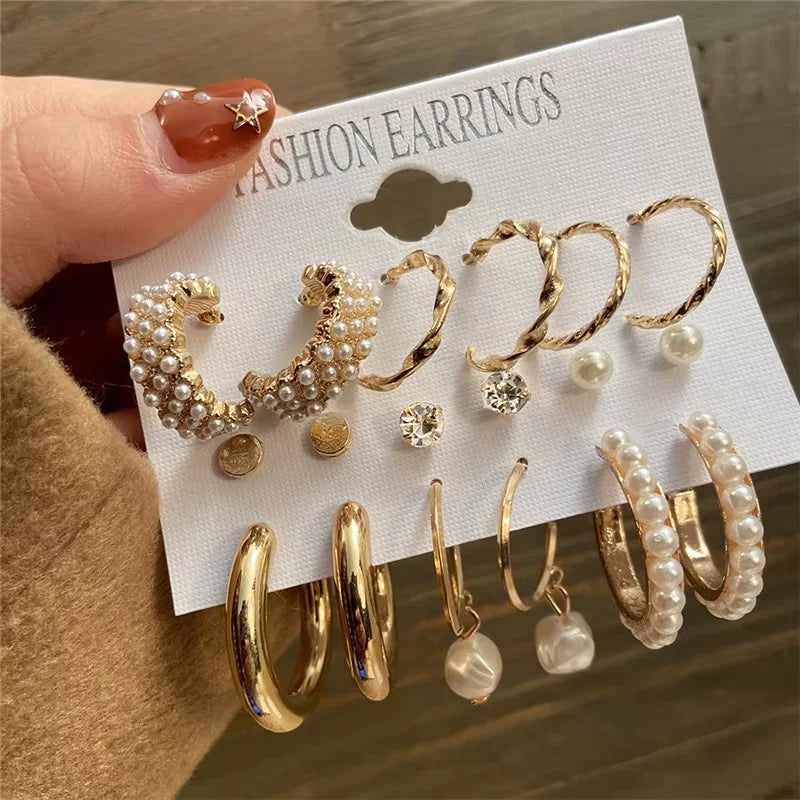 Geometric Hoop Earrings Set – Vintage Bohemian Pearl Gold Earrings for Women