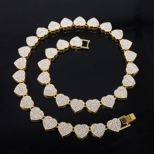 Hip Hop Tennis Chain & Bracelet Set – Shiny Rhinestone CZ Heart Jewelry