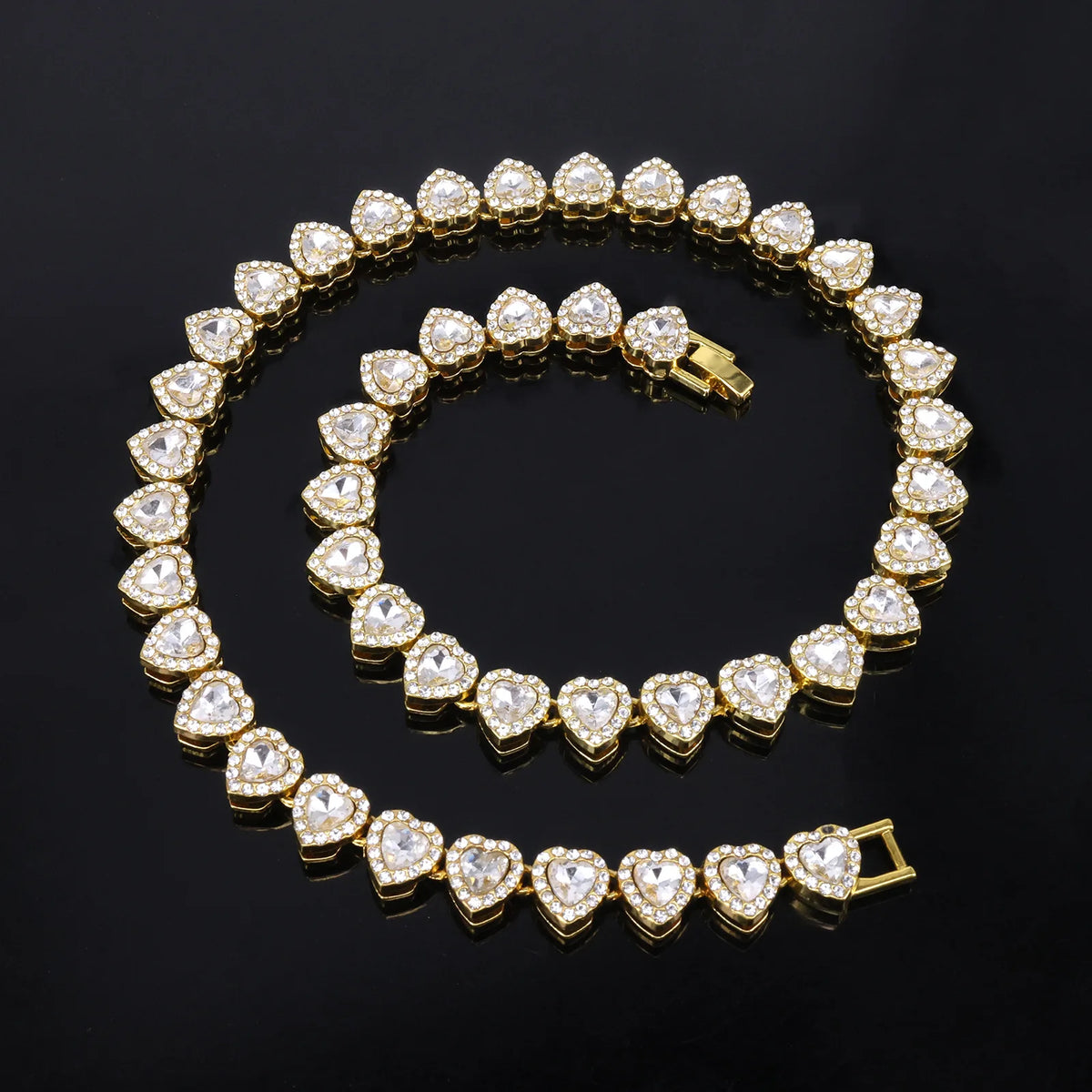 Hip Hop Tennis Chain & Bracelet Set – Shiny Rhinestone CZ Heart Jewelry
