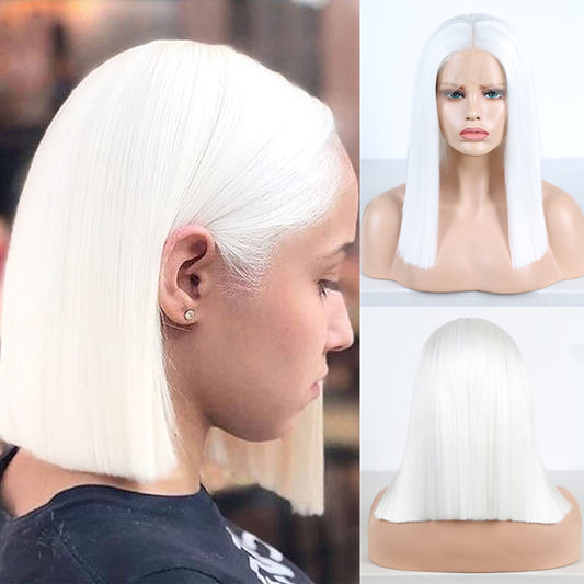 White Straight Bob Wig – T Lace Part Synthetic Hair with Baby Hair