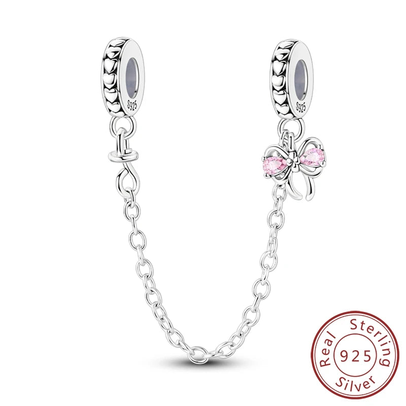 925 Sterling Silver Pink Heart Bow Charm – S925 Bangle Bracelet Bead