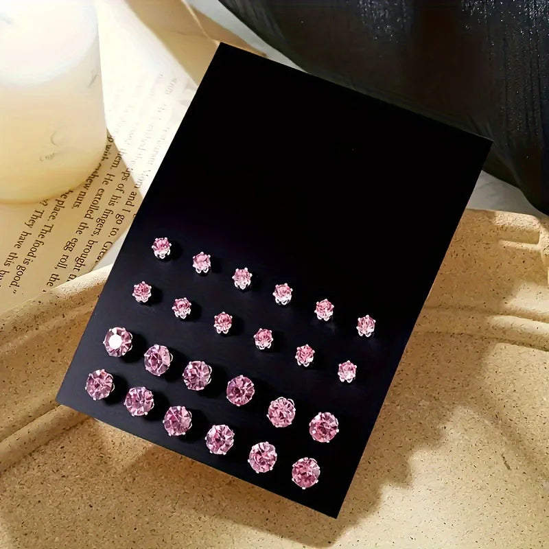 12 Pairs Zirconia Stud Earrings Set – Luxurious Shiny Gift for Women