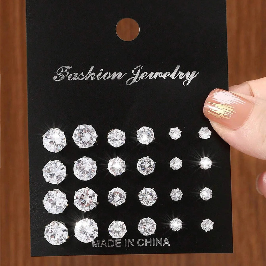 12 Pairs Zirconia Stud Earrings Set – Luxurious Shiny Gift for Women
