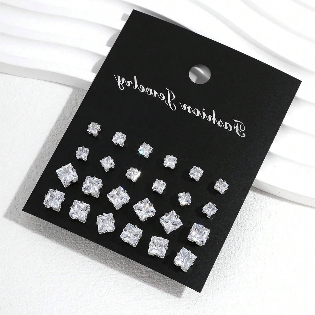 12 Pairs Zirconia Stud Earrings Set – Luxurious Shiny Gift for Women