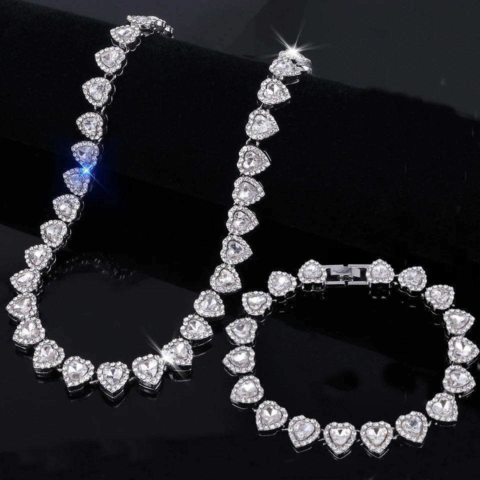 Hip Hop Tennis Chain & Bracelet Set – Shiny Rhinestone CZ Heart Jewelry