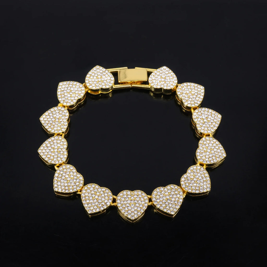 Hip Hop Tennis Chain & Bracelet Set – Shiny Rhinestone CZ Heart Jewelry