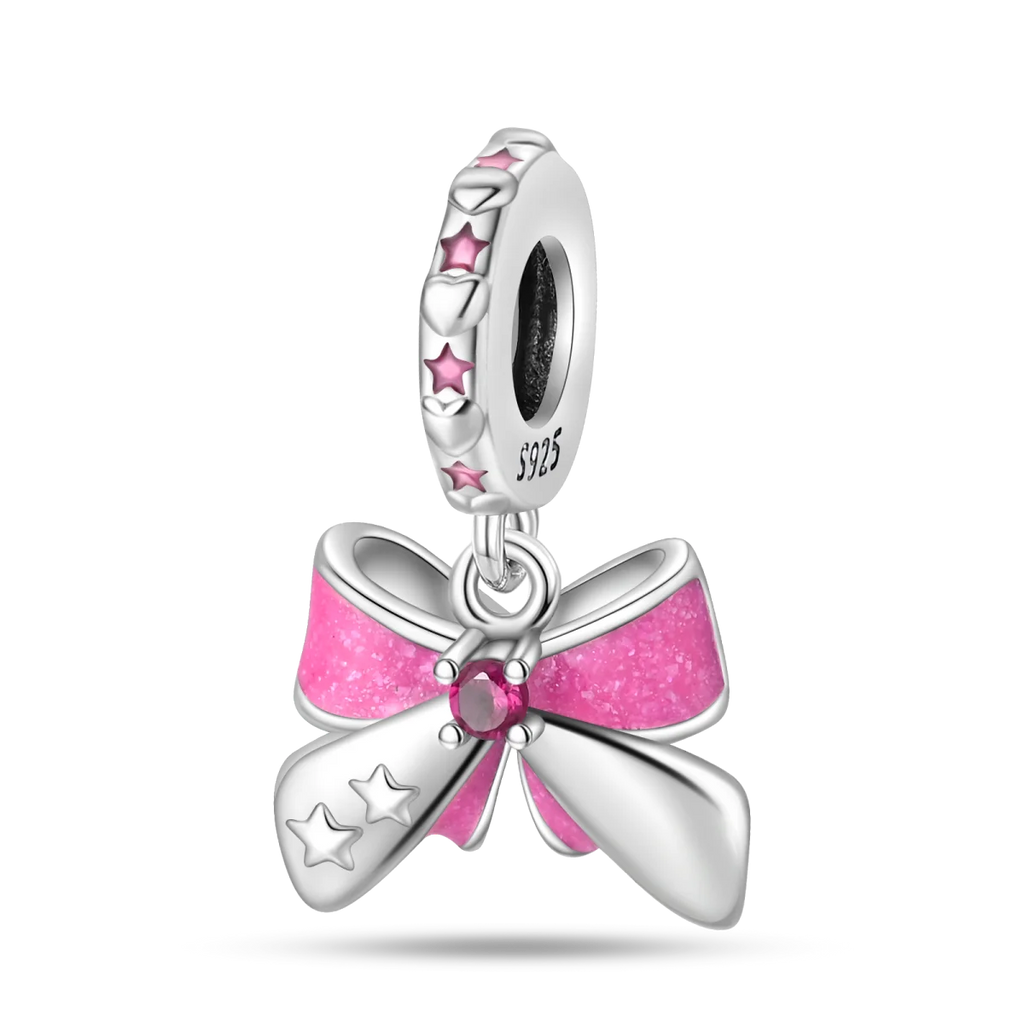 925 Sterling Silver Pink Heart Bow Charm – S925 Bangle Bracelet Bead