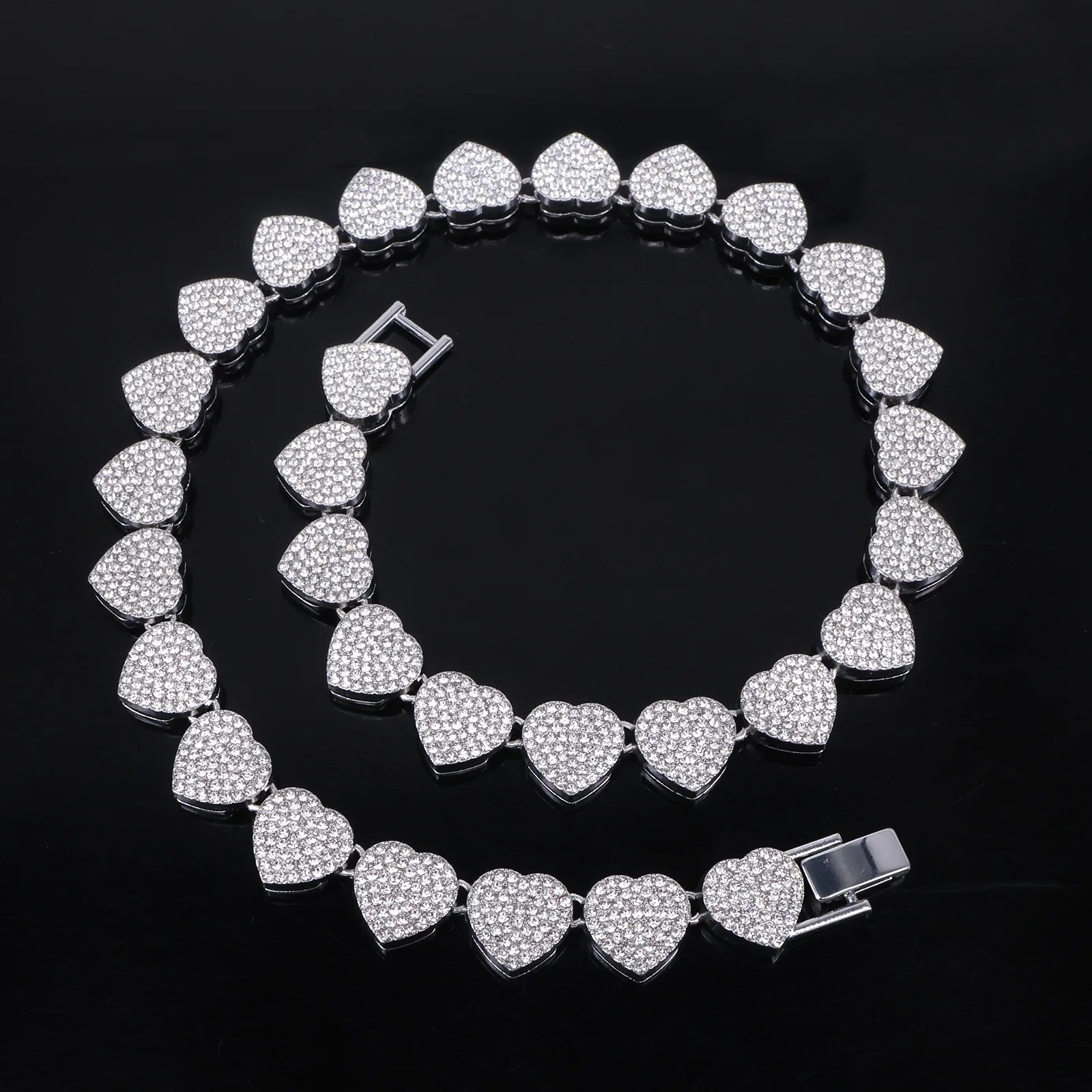 Hip Hop Tennis Chain & Bracelet Set – Shiny Rhinestone CZ Heart Jewelry