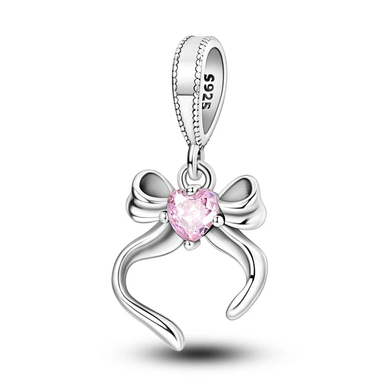 925 Sterling Silver Pink Heart Bow Charm – S925 Bangle Bracelet Bead