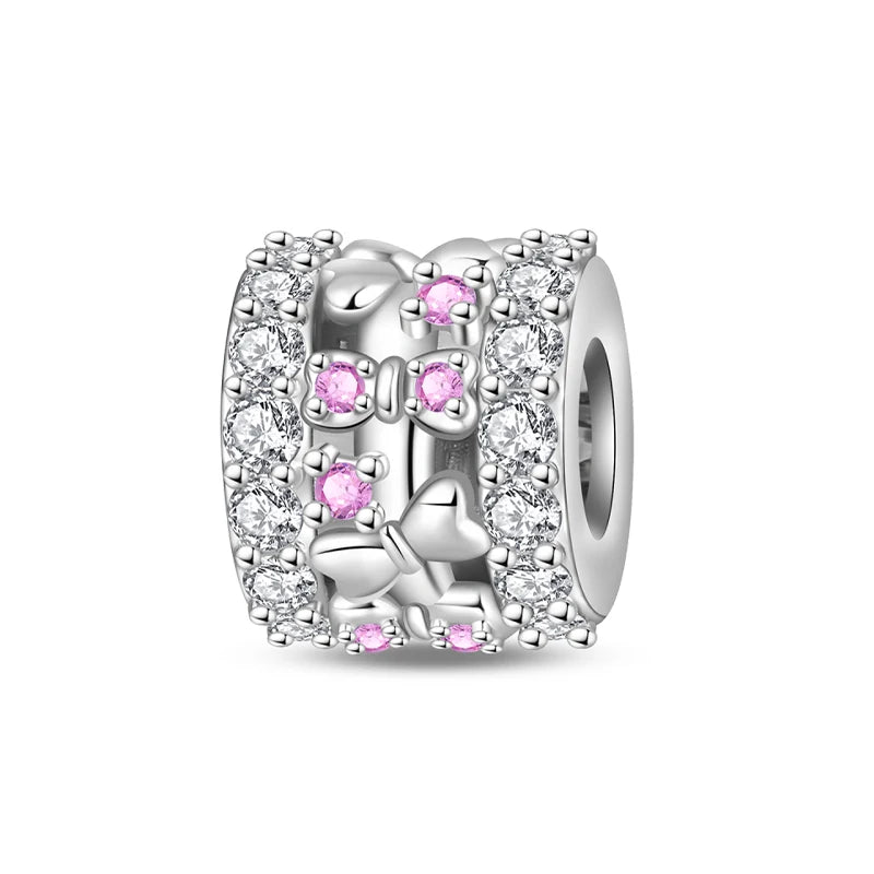 925 Sterling Silver Pink Heart Bow Charm – S925 Bangle Bracelet Bead