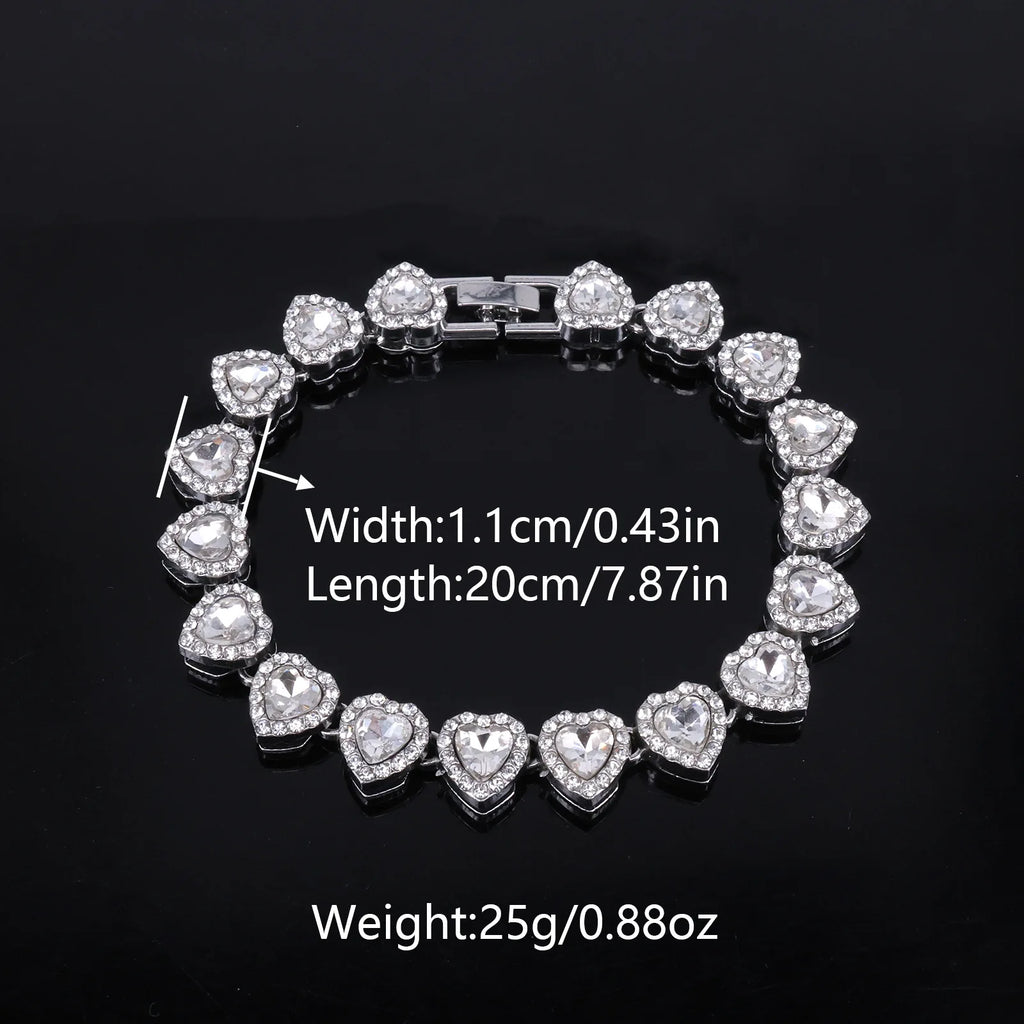 Hip Hop Tennis Chain & Bracelet Set – Shiny Rhinestone CZ Heart Jewelry