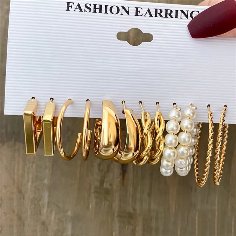 Geometric Hoop Earrings Set – Vintage Bohemian Pearl Gold Earrings for Women