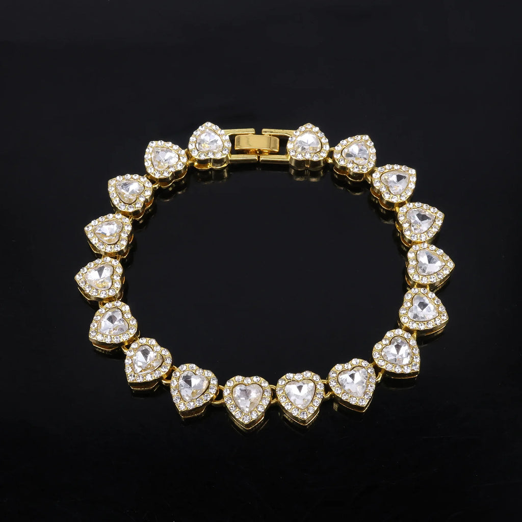Hip Hop Tennis Chain & Bracelet Set – Shiny Rhinestone CZ Heart Jewelry
