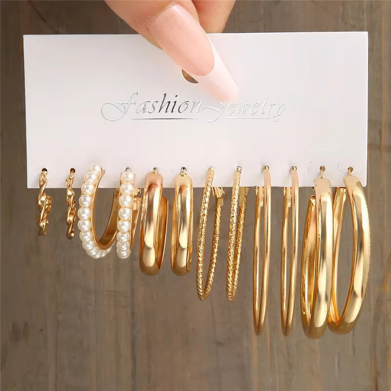 Geometric Hoop Earrings Set – Vintage Bohemian Pearl Gold Earrings for Women
