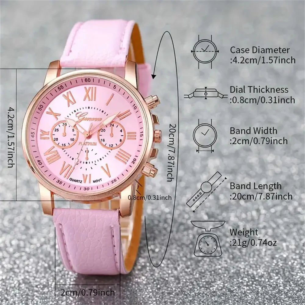 6PCS Women's Quartz Watch & Jewelry Set – Heart Rhinestone Leather Band